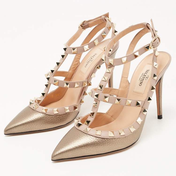 Pre Owned Valentino Metallic/Dusty Pink Leather Rockstud Ankle Strap Pumps Size 36.5