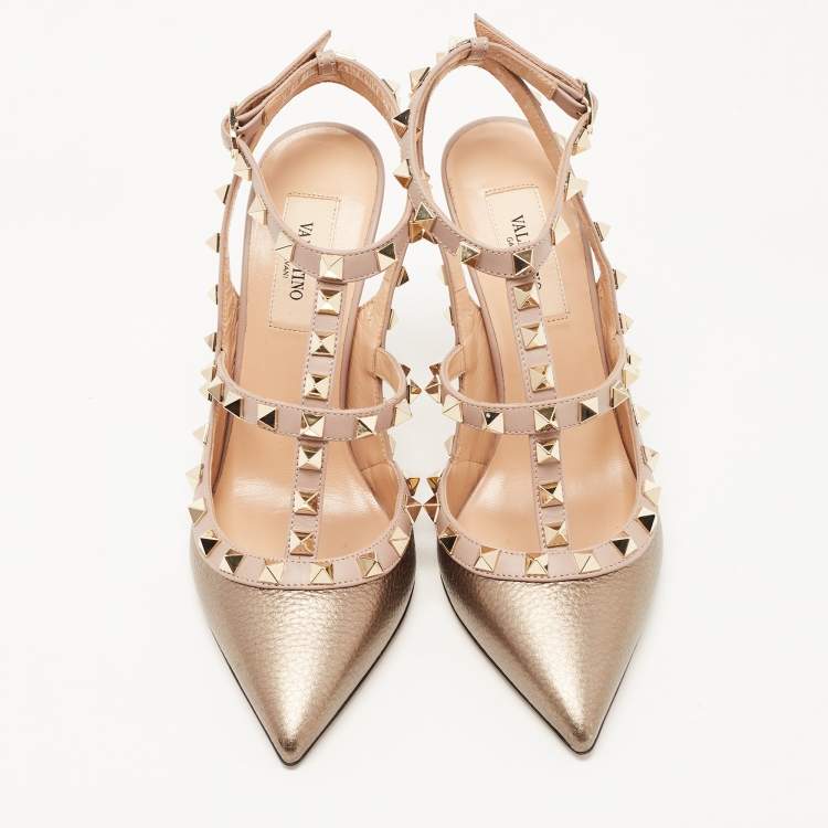 Pre Owned Valentino Metallic/Dusty Pink Leather Rockstud Ankle Strap Pumps Size 36.5