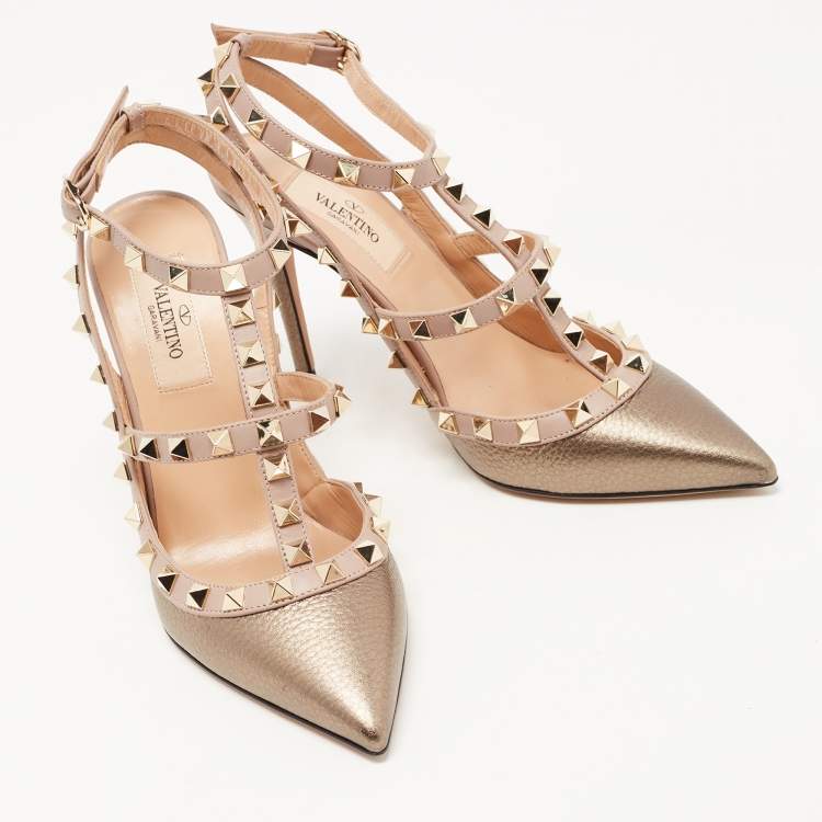 Pre Owned Valentino Metallic/Dusty Pink Leather Rockstud Ankle Strap Pumps Size 36.5