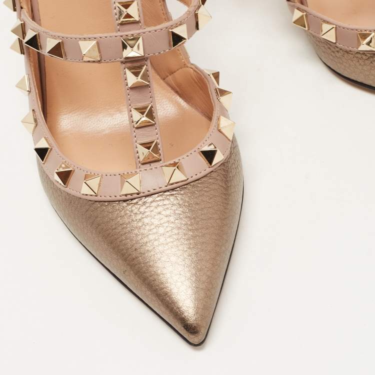 Pre Owned Valentino Metallic/Dusty Pink Leather Rockstud Ankle Strap Pumps Size 36.5