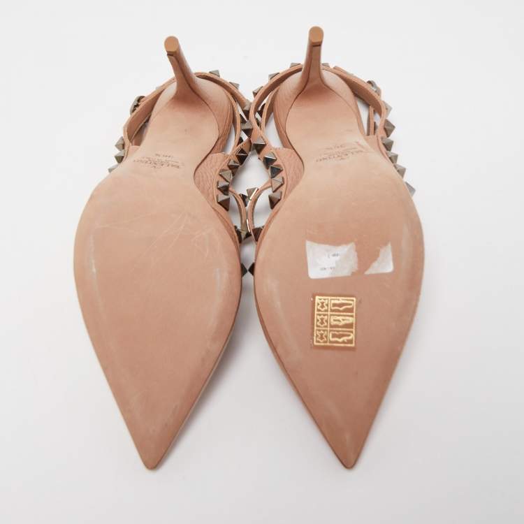 Pre Owned Valentino Beige Leather Rockstud Ankle Strap Pumps Size 36.5