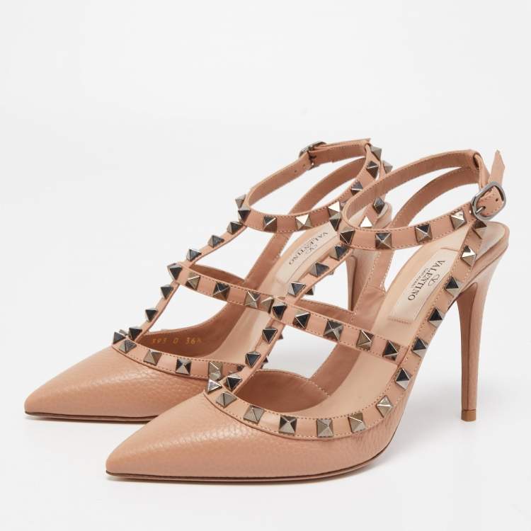 Pre Owned Valentino Beige Leather Rockstud Ankle Strap Pumps Size 36.5
