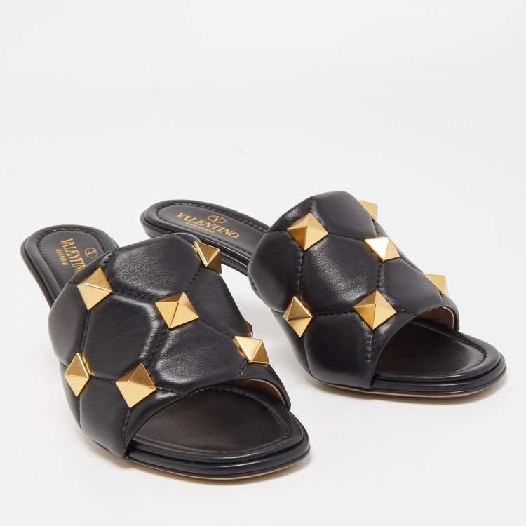 Pre Owned Valentino Black Leather Roman Stud Slide Sandals Size 39.5