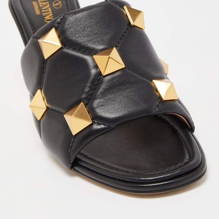 Pre Owned Valentino Black Leather Roman Stud Slide Sandals Size 39.5