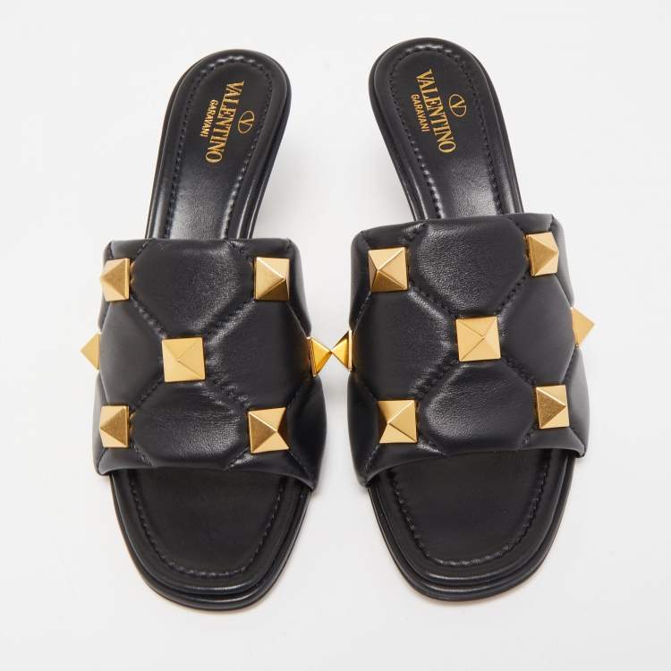 Pre Owned Valentino Black Leather Roman Stud Slide Sandals Size 39.5