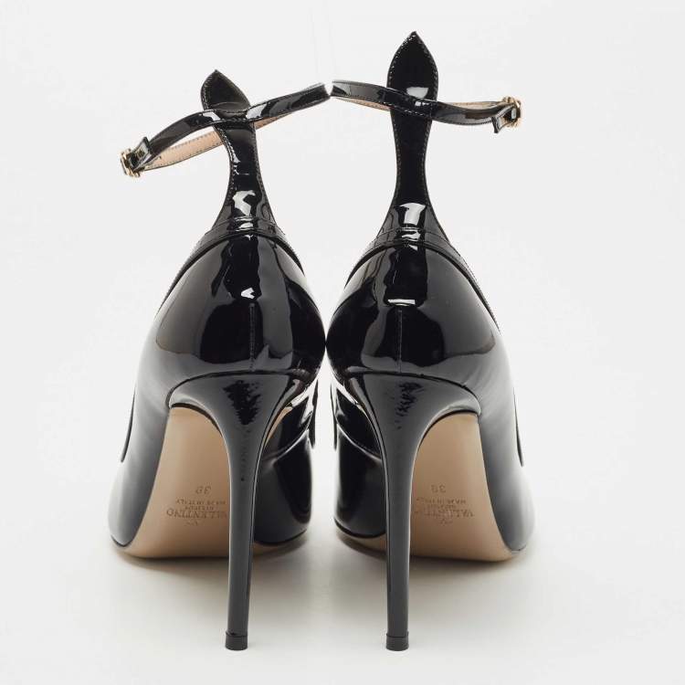 Pre Owned Valentino Black Patent Leather Ankle Cuff Pointed Toe Pumps Size 39