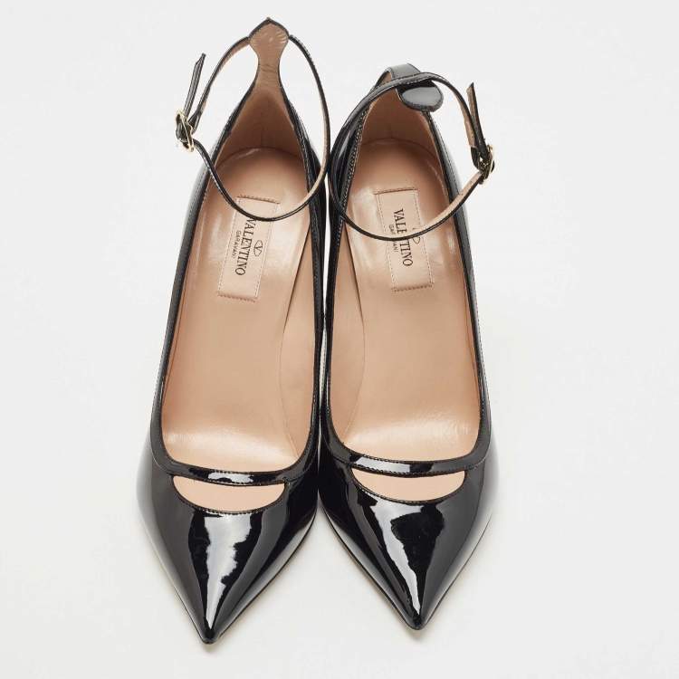 Pre Owned Valentino Black Patent Leather Ankle Cuff Pointed Toe Pumps Size 39