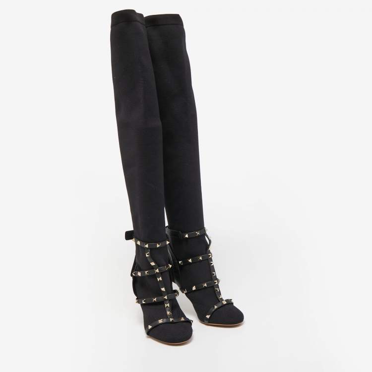 مملوكة مسبقًا Valentino Black Knit Fabric and Leather Rockstud Over The Knee Booties Size 39