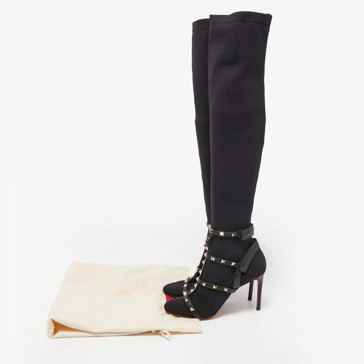 مملوكة مسبقًا Valentino Black Knit Fabric and Leather Rockstud Over The Knee Booties Size 39