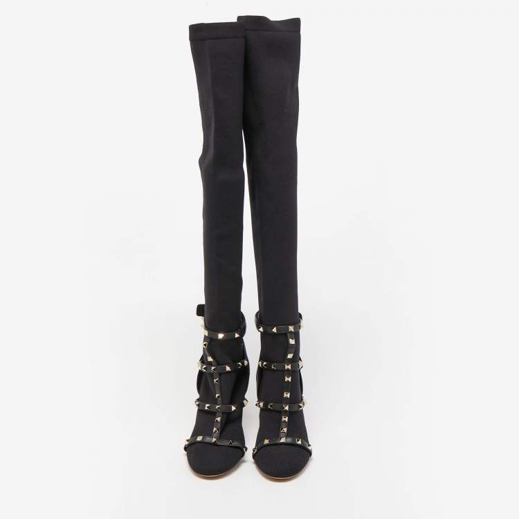 مملوكة مسبقًا Valentino Black Knit Fabric and Leather Rockstud Over The Knee Booties Size 39