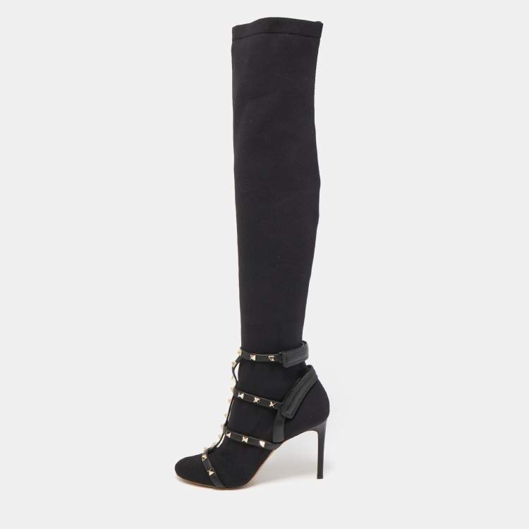 مملوكة مسبقًا Valentino Black Knit Fabric and Leather Rockstud Over The Knee Booties Size 39