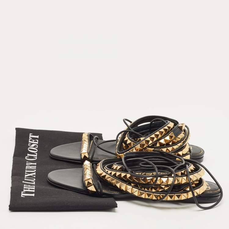 Pre Owned Valentino Black Leather Rockstud Ankle Strap Flat Sandals  Size 38.5