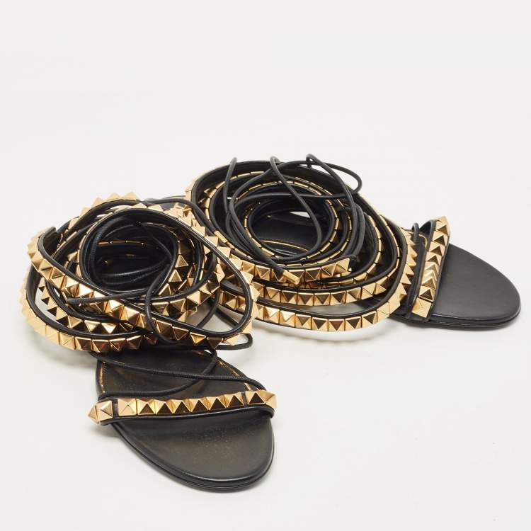 Pre Owned Valentino Black Leather Rockstud Ankle Strap Flat Sandals  Size 38.5
