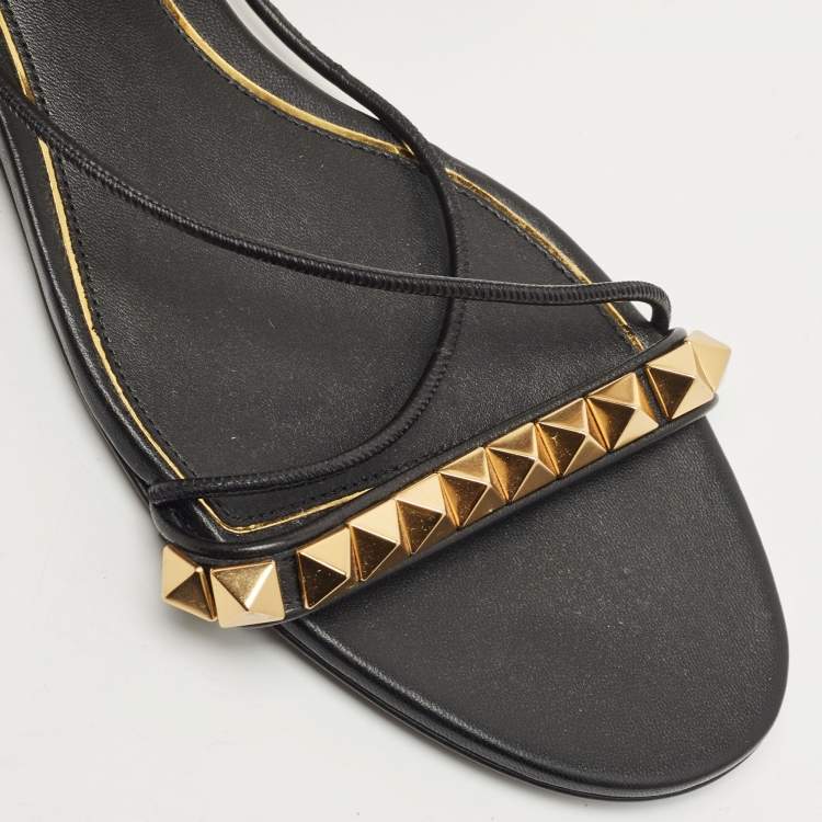 Pre Owned Valentino Black Leather Rockstud Ankle Strap Flat Sandals  Size 38.5