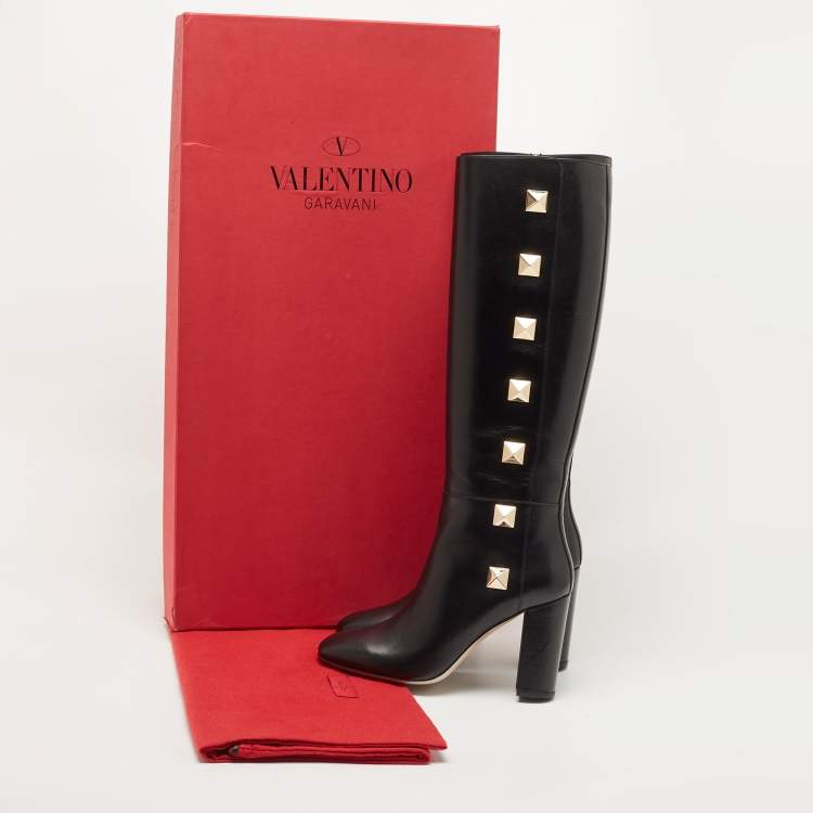 Pre Owned Valentino Black Leather Rockstud Knee Length Boots Size 39.5