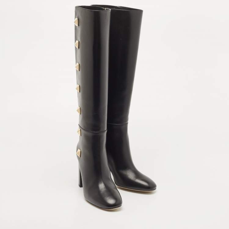 Pre Owned Valentino Black Leather Rockstud Knee Length Boots Size 39.5