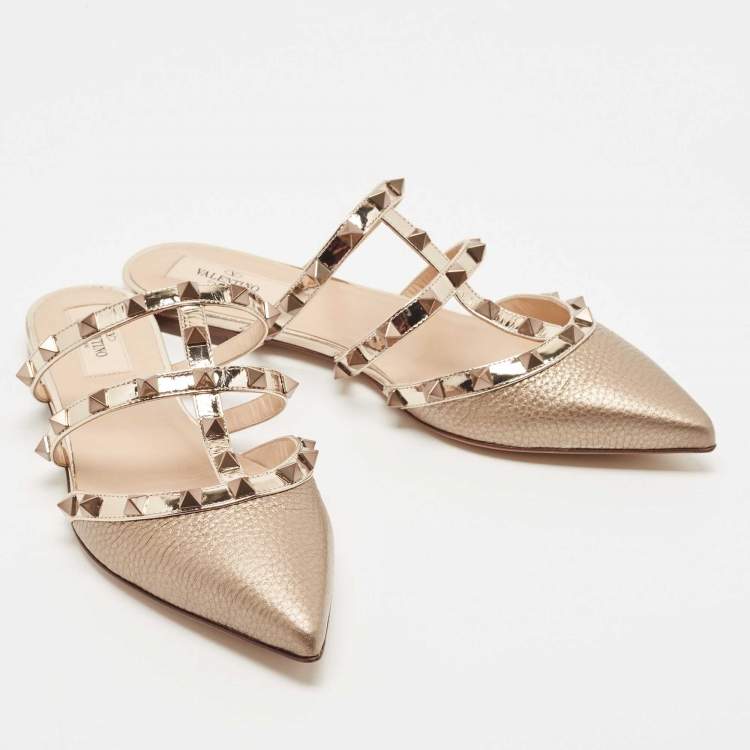 Pre Owned Valentino Metallic Leather Rockstud Strappy Flat Mules Size 37.5