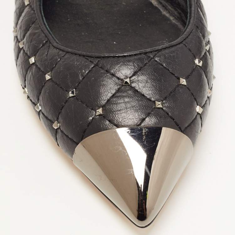 Pre Owned Valentino Black Leather Rockstud Ballet Flats Size 37.5