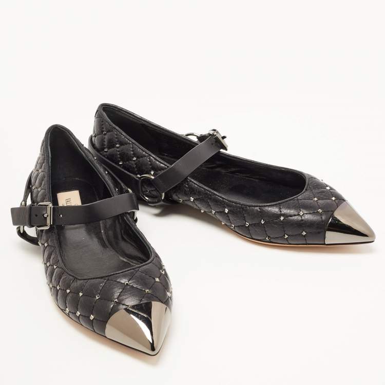 Pre Owned Valentino Black Leather Rockstud Ballet Flats Size 37.5