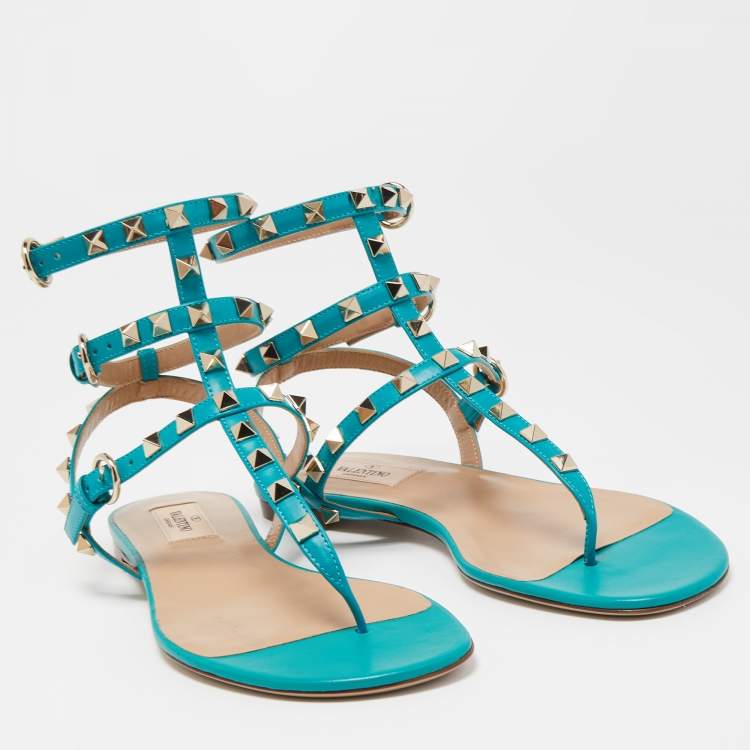 Pre Owned Valentino Green Leather Rockstud Ankle Strap Flats Size 38