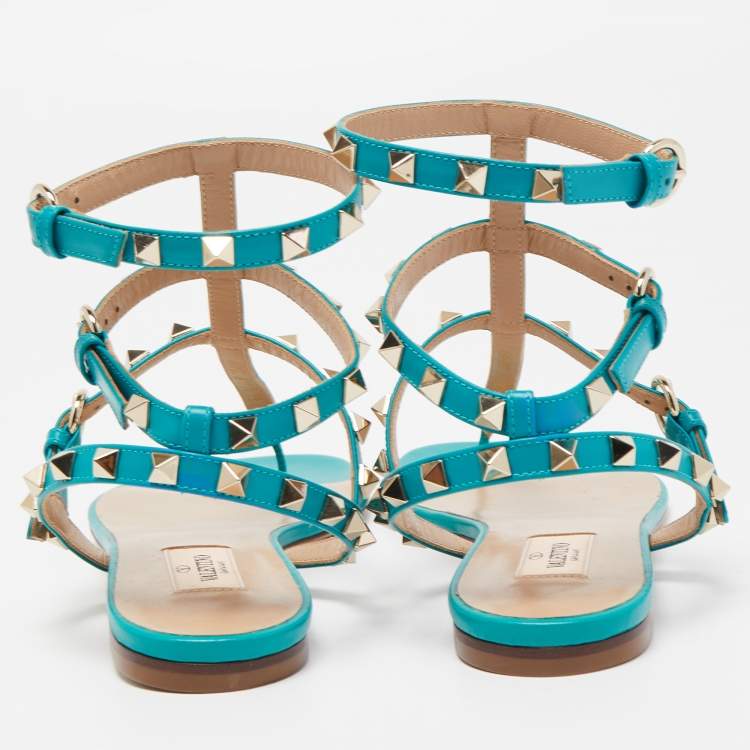 Pre Owned Valentino Green Leather Rockstud Ankle Strap Flats Size 38