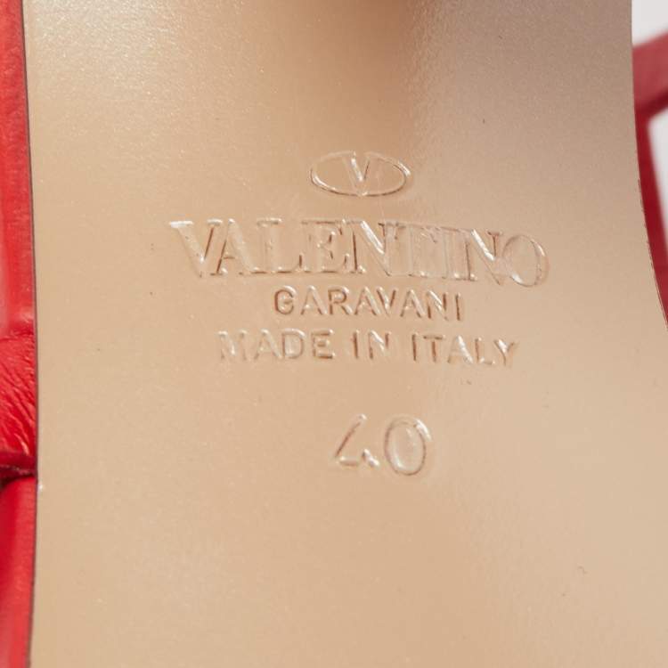 Pre Owned Valentino Red Leather Rockstud Ankle Strap Sandals Size 40