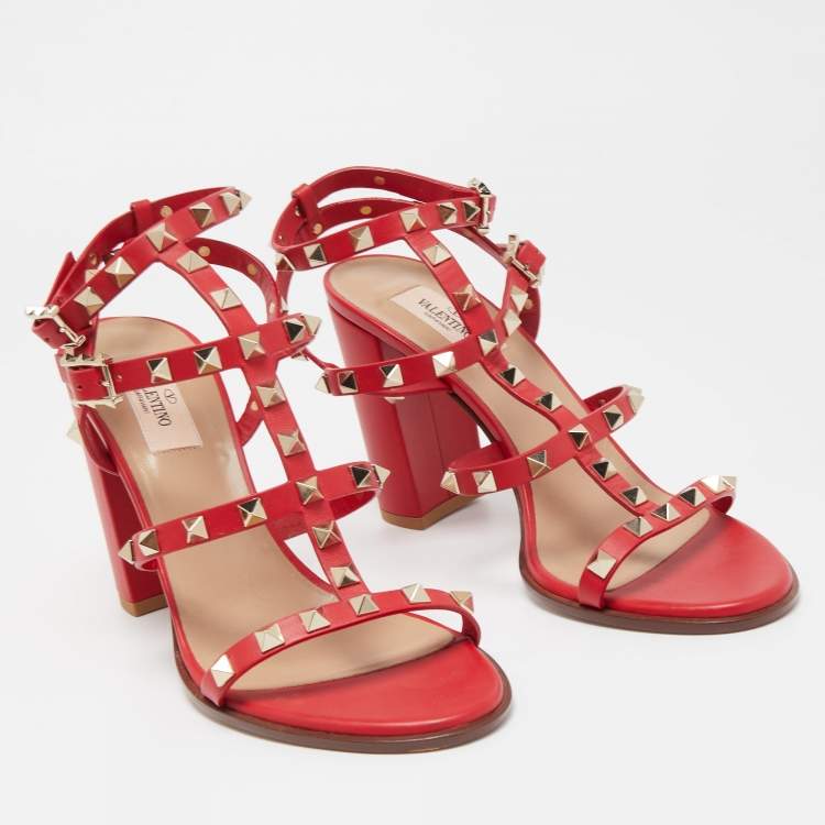 Pre Owned Valentino Red Leather Rockstud Ankle Strap Sandals Size 40