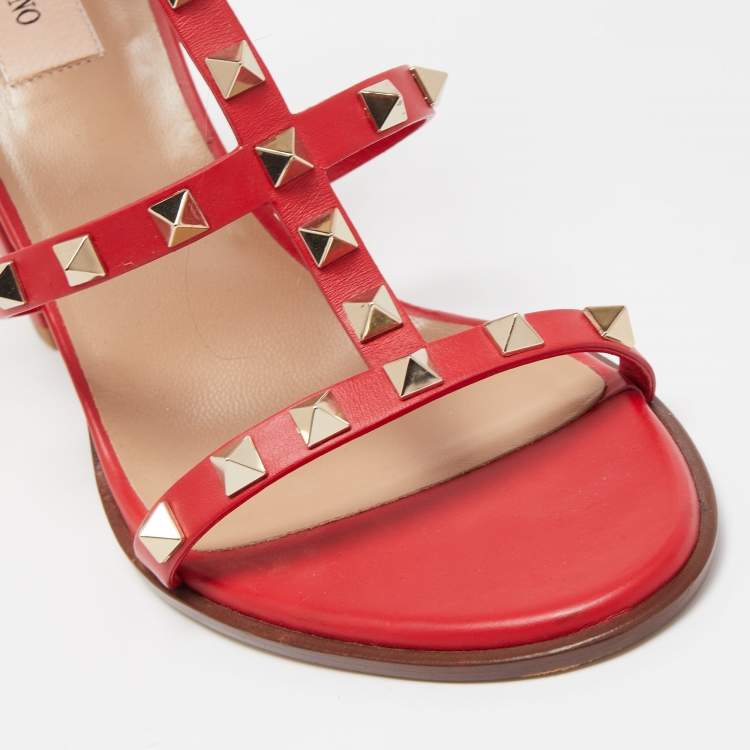 Pre Owned Valentino Red Leather Rockstud Ankle Strap Sandals Size 40