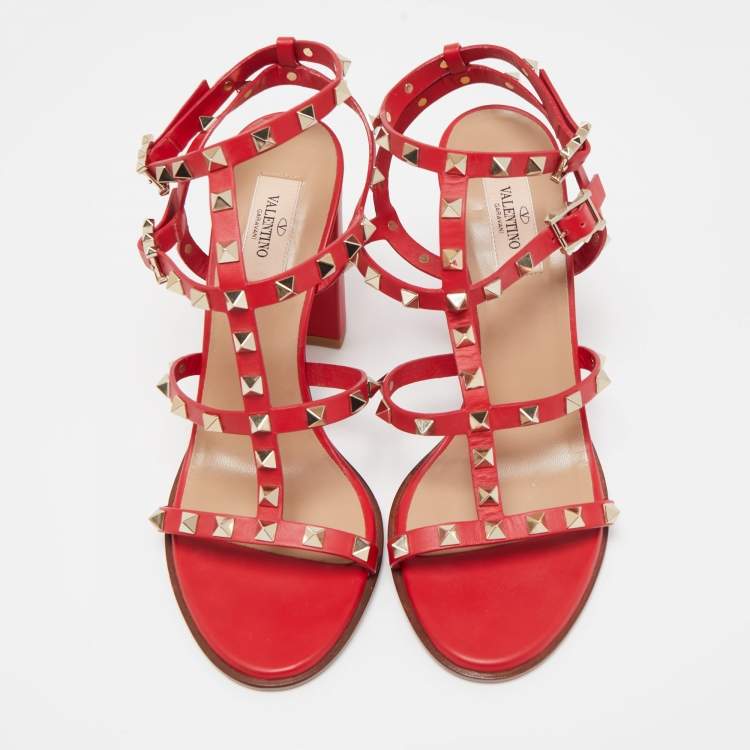 Pre Owned Valentino Red Leather Rockstud Ankle Strap Sandals Size 40