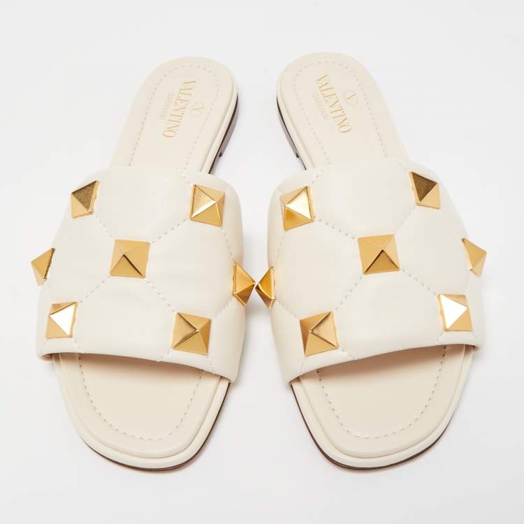 Pre Owned Valentino White Leather Roman Stud Flat Slides Size 37