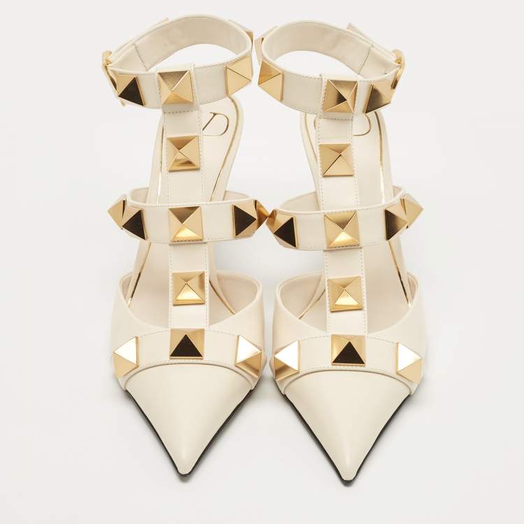 Pre Owned Valentino Off White Leather Roman Stud Ankle Strap Pumps Size 40
