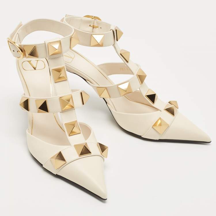 Pre Owned Valentino Off White Leather Roman Stud Ankle Strap Pumps Size 40