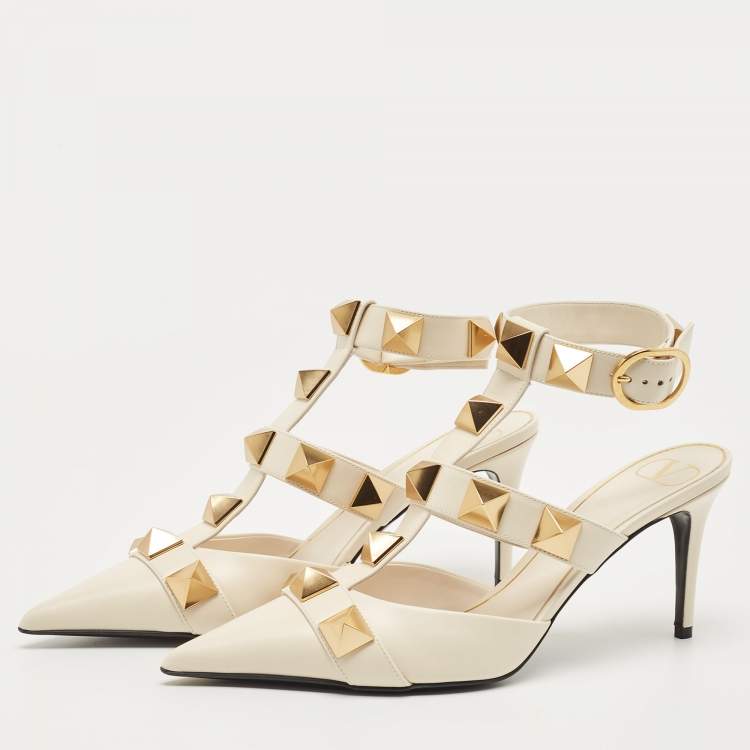 Pre Owned Valentino Off White Leather Roman Stud Ankle Strap Pumps Size 40