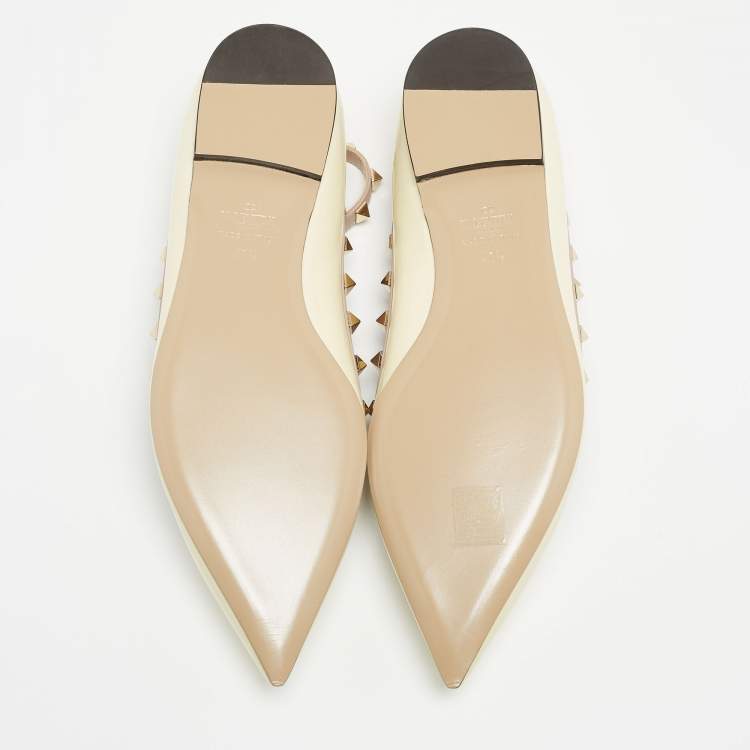 Pre Owned Valentino Cream Patent Leather Rockstud Ankle Strap Ballet Flats Size 40.5