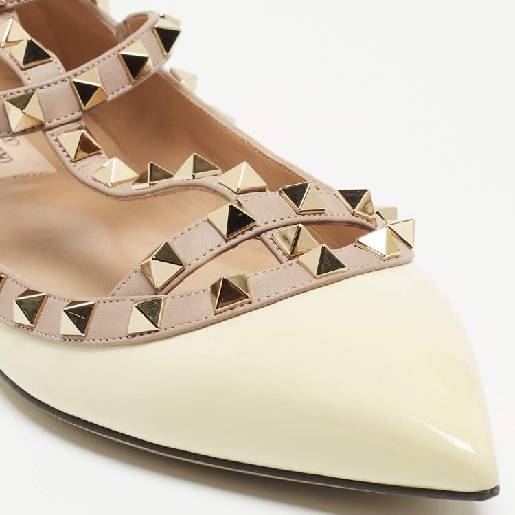 Pre Owned Valentino Cream Patent Leather Rockstud Ankle Strap Ballet Flats Size 40.5