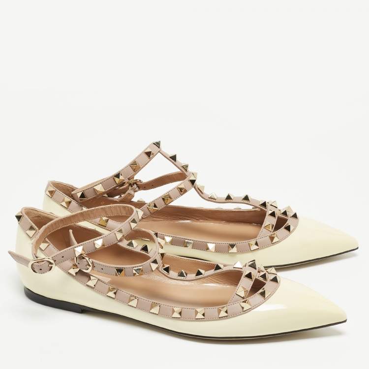 Pre Owned Valentino Cream Patent Leather Rockstud Ankle Strap Ballet Flats Size 40.5
