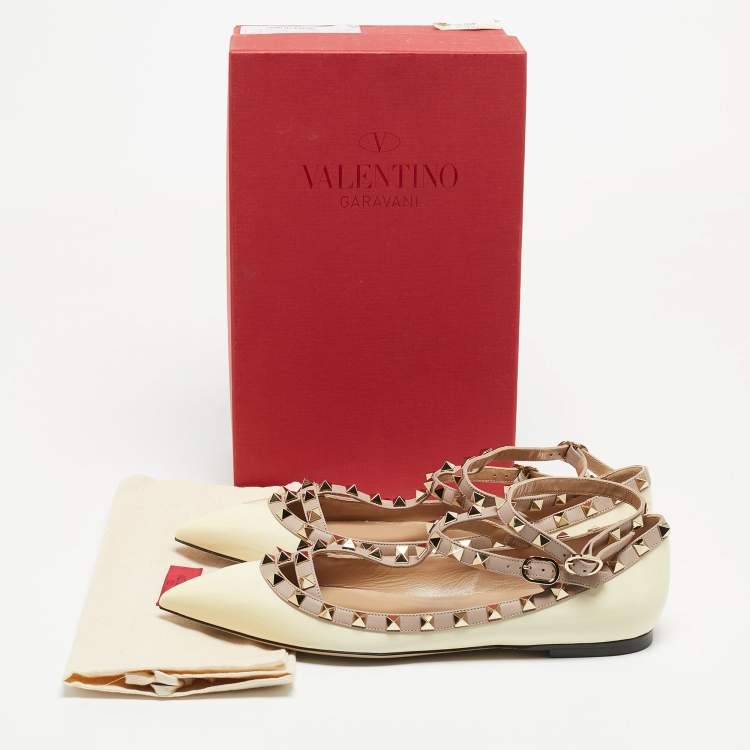 Pre Owned Valentino Cream Patent Leather Rockstud Ankle Strap Ballet Flats Size 40.5