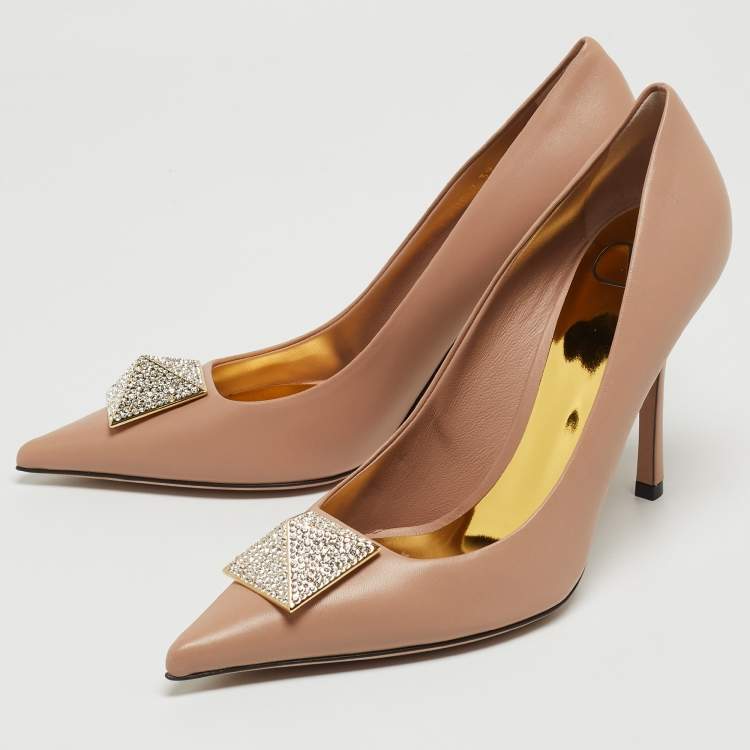Pre Owned Valentino Beige Leather One Stud Crystals Pumps Size 39
