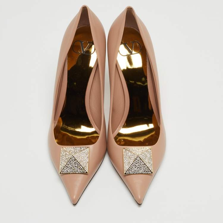 Pre Owned Valentino Beige Leather One Stud Crystals Pumps Size 39
