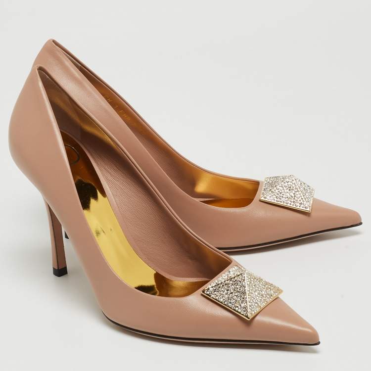 Pre Owned Valentino Beige Leather One Stud Crystals Pumps Size 39