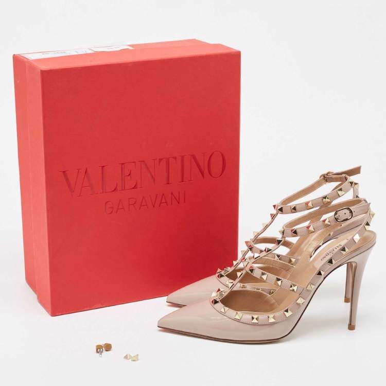 Pre Owned Valentino Powder Pink Patent Leather Rockstud Strappy Pointed Toe Pumps Size 41.5
