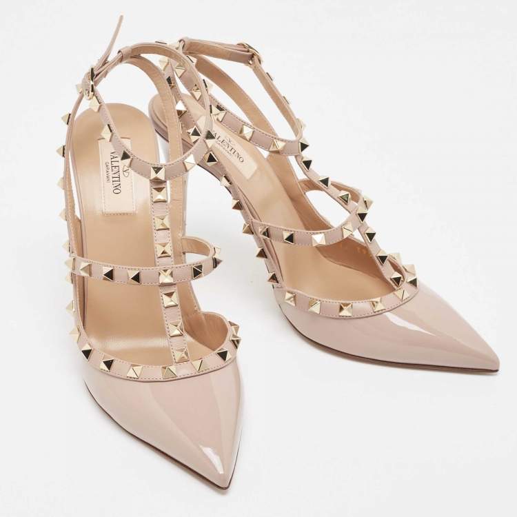 Pre Owned Valentino Powder Pink Patent Leather Rockstud Strappy Pointed Toe Pumps Size 41.5