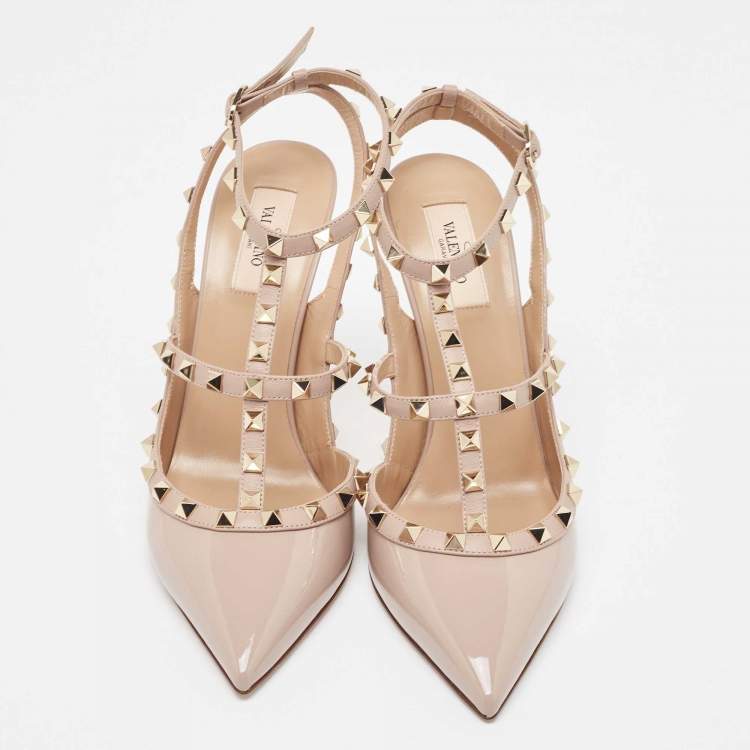 Pre Owned Valentino Powder Pink Patent Leather Rockstud Strappy Pointed Toe Pumps Size 41.5
