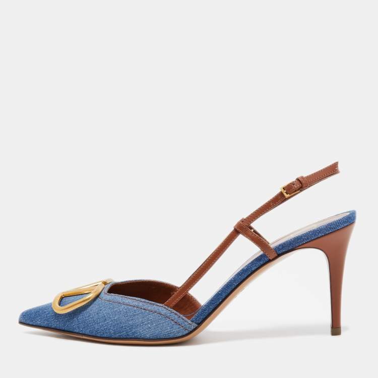 Valentino Blue/Brown Denim And Leather Vlogo Slingback Sandals