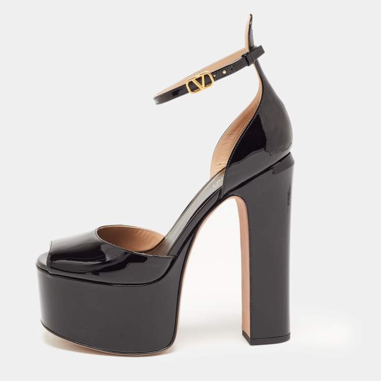 Black Patent Straps Block High Heels Sandals Shoes