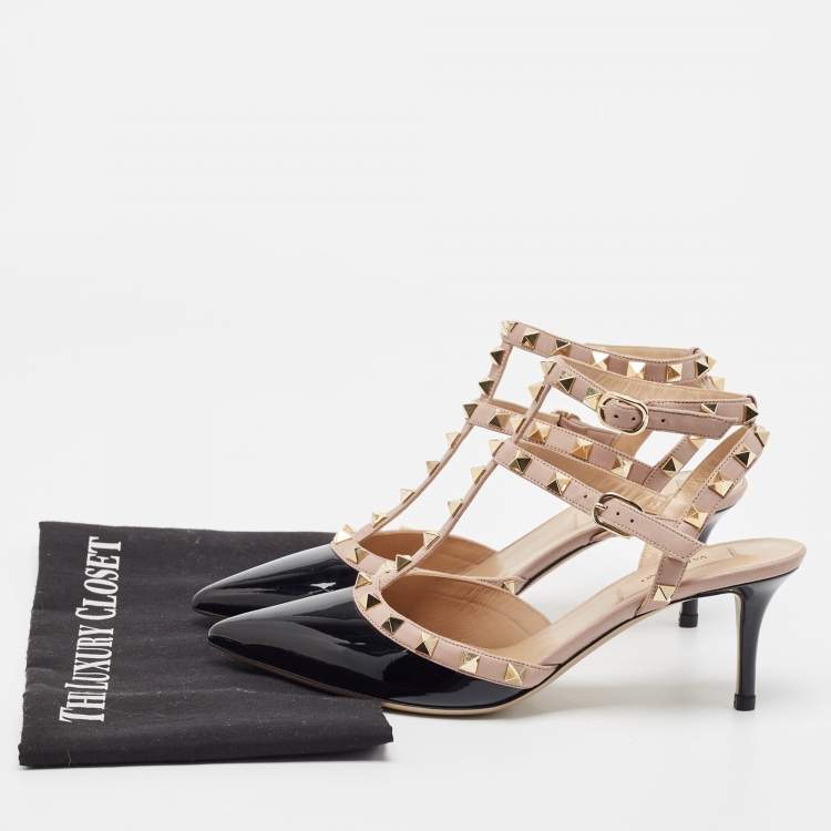 Pre Owned Valentino Black Patent Leather Rockstud Ankle Strap Pumps Size 38