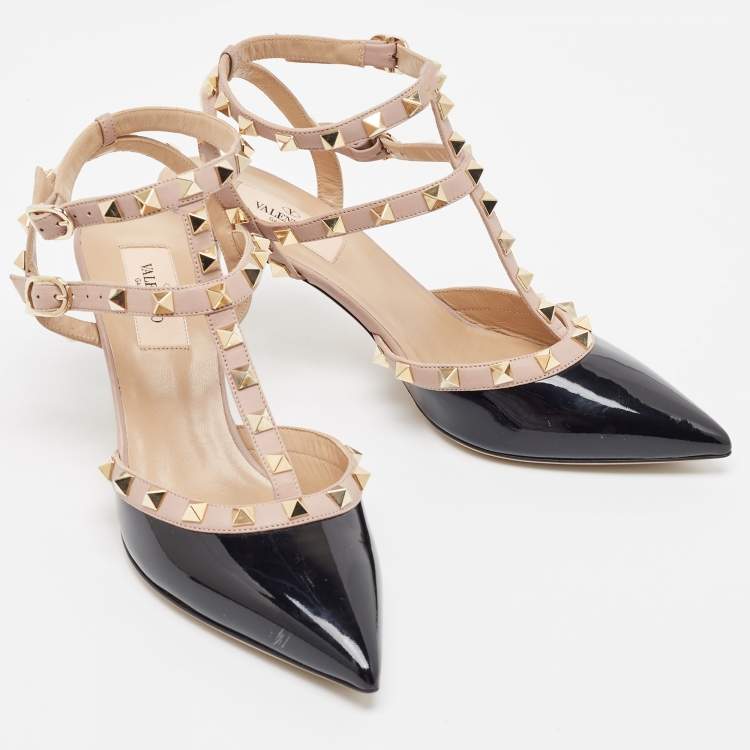 Pre Owned Valentino Black Patent Leather Rockstud Ankle Strap Pumps Size 38