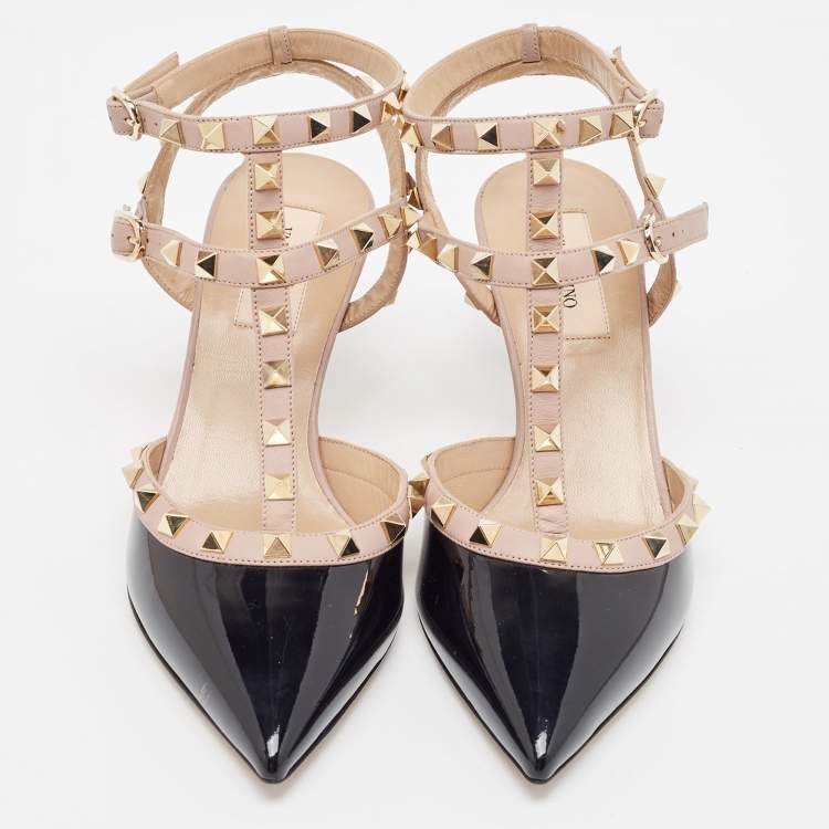 Pre Owned Valentino Black Patent Leather Rockstud Ankle Strap Pumps Size 38