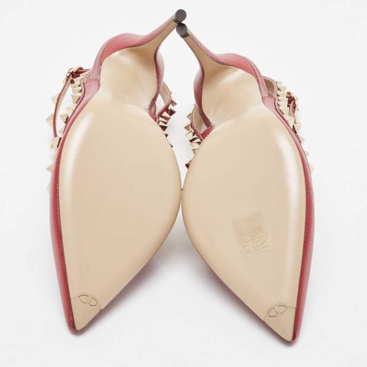 Pre Owned Valentino Red Leather Rockstud Strappy Pointed Toe Pumps Size 39