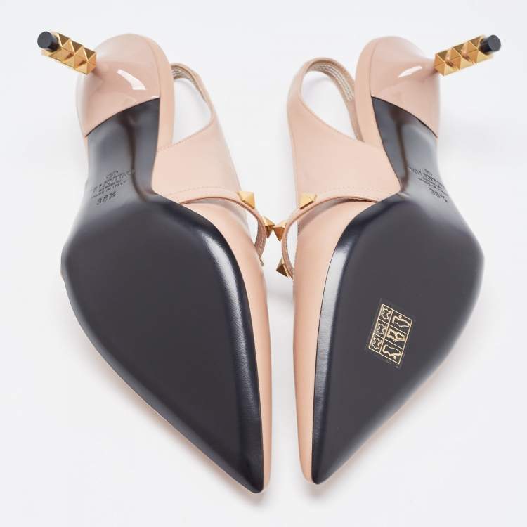 Pre Owned Valentino Beige Leather Rockstud Slingback Pumps Size 38.5
